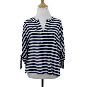 Zara Top Womens L Large Split Neck Stripe Tie Half Sleeve Boxy Cropped Shirt